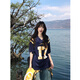 美式復古高街球衣潮流V領(lǐng)短袖T恤女夏季新款寬松休閑運動(dòng)透氣上衣 藏藍色 M