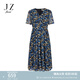 玖姿（JUZUI）優(yōu)雅通勤風(fēng)印花紗羅收腰連衣裙女2025夏季新款JLFX50044 花丈青 3XL
