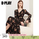 DPLAY2025春季氣質(zhì)黑色茶歇裙法式長袖連衣裙長裙魚尾裙女裙子 暗夜繁花 S