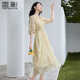 香影通勤黃色連衣裙女2026春新款簡(jiǎn)單大方氣質(zhì)泡泡袖印花中長(cháng)裙 黃花 S 155/80A/85-95斤