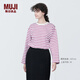 無印良品（MUJI）女式 粗棉線圓領(lǐng)長袖T恤 上衣打底衫女款內(nèi)搭 純棉秋季休閑女裝 粉紅色條紋 4S L  (165/88A)