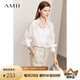 AMII2025春新款翻領(lǐng)燈籠袖微透高級(jí)感白襯衫女寬松法式上衣襯衣 米白 160/84A/M