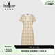 比音勒芬（Biemlfdlkk）【韓國珠地面料】女士時(shí)尚復古BG格紋中長(cháng)款翻領(lǐng)清爽短袖連衣裙 60卡其色 M