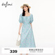 伊芙麗（eifini）伊芙麗2024夏裝新款氣質溫柔風方領泡泡袖藍紫色碎花連衣裙女夏 蘭綠 M 160/84A