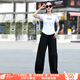 貝茲曼夏季新款廣場(chǎng)舞服裝運動(dòng)套裝女鬼步舞服裝棉短袖闊腿褲休閑套裝 白衣黑褲 3XL (128斤-138斤)