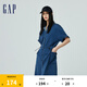 Gap女裝春季松緊收腰短袖紐扣牛仔連衣裙工裝裙872417 深藍(lán)色 XS (155/76A)亞洲尺碼