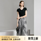 顏域假兩件V領(lǐng)連衣裙女裝2024新款夏裝收腰顯瘦中長款短袖裙子女 黑白花 XL