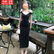 緋垚連衣裙夏女蕾絲拼接辣妹A字裙子新款一字肩純欲風(fēng)收腰開叉長裙 【藏青色（長款）】 L