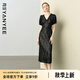 顏域黑色V領(lǐng)短袖連衣裙女2025夏季新款收腰長(zhǎng)裙高級(jí)感蕾絲背心裙 黑色 L