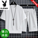 花花公子品牌冰絲棉短褲短袖t恤套裝男夏季2025新款半袖上衣服穿搭配潮流 白色[套裝] 5XL 建議175-195斤