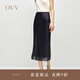 OVV2025春夏新款女裝緞面醋酸拼接雪紡紗直筒休閑半身裙 藏青 XL