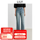 LILY2025春新款女裝設(shè)計(jì)感高腰雙腰頭彈力百搭藍(lán)色直筒褲牛仔褲 401藍(lán)色 L