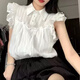 小野七天襯衫短袖女法式溫柔翻領(lǐng)無袖荷葉邊飛飛袖娃娃衫寬松遮肚雪紡上衣 白色 M
