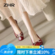 ZHR單鞋女真牛皮復(fù)古軟底女鞋百搭粗跟方頭鞋子女 AH316 酒紅色 36 