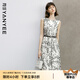 顏域水墨印花連衣裙女2024新款夏裝復(fù)古優(yōu)雅背心裙中長款圓領(lǐng)裙子 黑白花 S/36