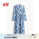 H&M女裝花卉連衣裙夏季優(yōu)雅氣質(zhì)系帶V領長袖中長襯衫連身裙1236832 白色/藍色花卉 170/116 XL