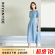 顏域鏤空蕾絲連衣裙女2025夏季新款輕熟風(fēng)高腰收腰修身過膝短袖裙 淺藍(lán) XL