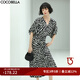 COCOBELLA設(shè)計(jì)感抽褶斑馬紋連衣裙女夏氣質(zhì)通勤V領(lǐng)長(zhǎng)裙FR911 黑底白條 XL