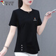 啄木鳥(niǎo)純棉正肩圓領(lǐng)短袖t恤女印花大碼氣質(zhì)媽媽裝休閑顯瘦上衣 黑色 XL