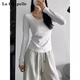 拉夏貝爾打底衫女2025春秋新款長(cháng)袖t恤女修身內搭薄款基礎上衣 麻灰色 XL