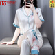 莫代爾高端水光綢冰絲睡衣女夏季2025新款短袖長(zhǎng)褲印花仿絲綢家居服套裝 舒適柔軟親膚：藍(lán)色 XL 建議120-140斤