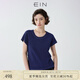 EIN【航海系】EIN言海藍洗色圓領(lǐng)休閑短袖T恤女萊賽爾棉抽褶上衣新款 墨藍 L