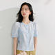 茵曼法式荷葉領(lǐng)全棉刺繡襯衫夏季女裝浪漫短袖氣質(zhì)襯衣 天藍色  M