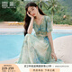 香影海邊度假暈染連衣裙女2025夏季新款民族風(fēng)波西米亞v領(lǐng)雪紡裙 綠花 連衣裙  L 165/88A/110-125斤