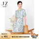 玖姿·安娜蔻醋酸印花短袖連衣裙女夏優(yōu)雅收腰開衩裙子綠色 花紋綠 L