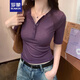 羅蒙（ROMON）紫色V領(lǐng)短袖t恤女裝夏季2025新款修身針織打底衫短款上衣t恤 紫色 L -105-115斤
