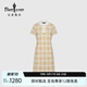 比音勒芬（Biemlfdlkk）【韓國(guó)珠地面料】女士時(shí)尚復(fù)古BG格紋中長(zhǎng)款翻領(lǐng)清爽短袖連衣裙 60卡其色 M