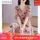 ZXEGI收腰顯瘦100%桑蠶絲真絲連衣裙夏季新款時(shí)尚印花韓版高端A字裙女 粉色 2XL （116-125斤）