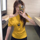 貞喜氣斜領(lǐng)掐腰短袖T恤女裝夏季韓系收腰露肩肌理感上衣 姜黃色 M