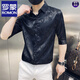 羅蒙（ROMON）男士短袖襯衫中國風(fēng)刺繡半袖休閑痞帥五分袖冰絲夏季上衣 黑色 2XL