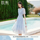 香影天藍色v領泡泡袖連衣裙女2025夏裝新款收腰絕美海邊碎花裙子 藍色 M 160/84A/95-110斤