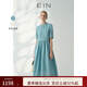 EIN苧麻風(fēng)箏剪影 EIN言美拉藍(lán)蕾絲拼貼高腰碎褶A字連衣裙夏季新款 灰藍(lán) L