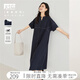 對白簡約通勤短袖連衣裙女2025夏新款設計感分割寬松直筒顯瘦裙子 深海藍 XL