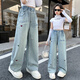 女童牛仔褲春秋2025新款兒童洋氣寬松直筒褲中大童女孩春裝闊腿褲 藍(lán)色 140