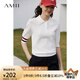 AMII2025秋新款POLO翻領(lǐng)雙曲紗冰麻紗彈力撞色條紋針織衫女 米白 XL (170)