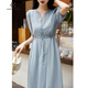clotho Rennie品牌女裝連衣裙女中長(zhǎng)款2025夏季新品優(yōu)雅氣質(zhì)系帶收腰顯瘦A字裙 藍(lán)色 XL