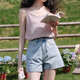鉑吶苓牛仔短褲女夏季高腰顯瘦寬松闊腿a字熱褲潮百搭直筒小個(gè)子薄款 淺藍(lán)色 L