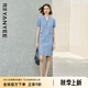 顏域格子V領直筒連衣裙女2025夏季新款短袖氣質(zhì)輕熟風中長款裙子 藍格 2XL