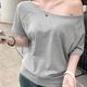 凡毅彩灰色潮流T恤2025年新款夏季短袖女寬松顯瘦遮肚子一字肩斜肩上衣 斜肩寬松T恤【灰色】 L 【建議95-110斤】