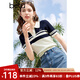 百圖betu女裝夏季新款毛針織衫減齡翻領(lǐng)條紋寬松短袖女2403T06 藍(lán)白條 M