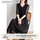 ZXEGI高檔重磅桑蠶絲100%連衣裙女夏季時尚黑色重工刺繡真絲裙子女 黑色 2XL （121-135斤）