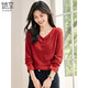 她享長(cháng)袖T恤女新年穿搭V領(lǐng)針織打底衫紅色百搭女士上衣 T143T2022