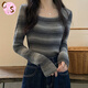 CS.LION春秋2025年新款韓版修身方領(lǐng)顯瘦條紋打底衫女長袖針織衫美式上衣 灰色  L 建議105-115斤