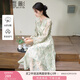 香影新中式綠色印花連衣裙女2025春季新款系帶圓領(lǐng)收腰長袖碎花裙 綠色 M