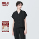 無印良品（MUJI）女式 易干彈力泡泡紗 開領(lǐng)短袖衫女士襯衫襯衣外套夏季款BC2JPA4S 黑色 M (160/84A)