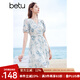 百圖betu女裝夏季新款連衣裙V領花邊雪紡印花連衣裙女2404T91 藍色 L